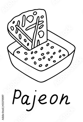 Pajeon with soy sauce and sesame, korean traditional food. Vector outline illustration with lettering.