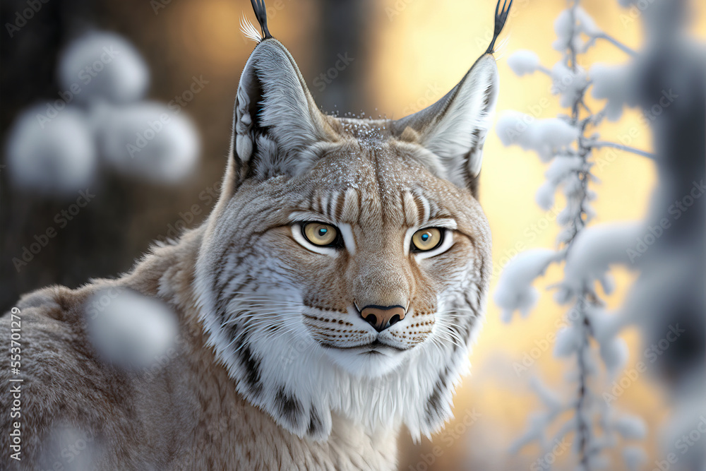 Obraz premium Portrait of a lynx in the snow. Siberian lynx portrait. Dangerous predator in natural habitat. Digital art 