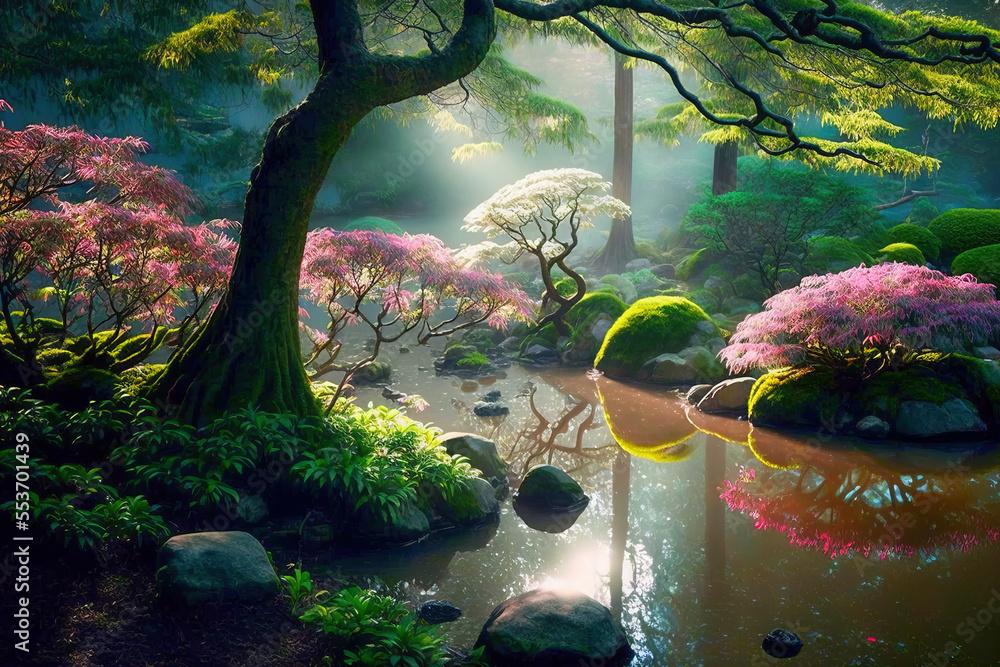 Beautiful Japanese garden. Digital artwork Stock Illustration Adobe Stock