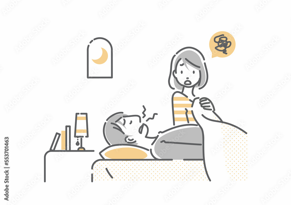 パートナーの歯ぎしりに悩む女性 シンプルでお洒落な線画イラスト パートナーの歯ぎしりに悩む女性 シンプルでお洒落な線画イラスト