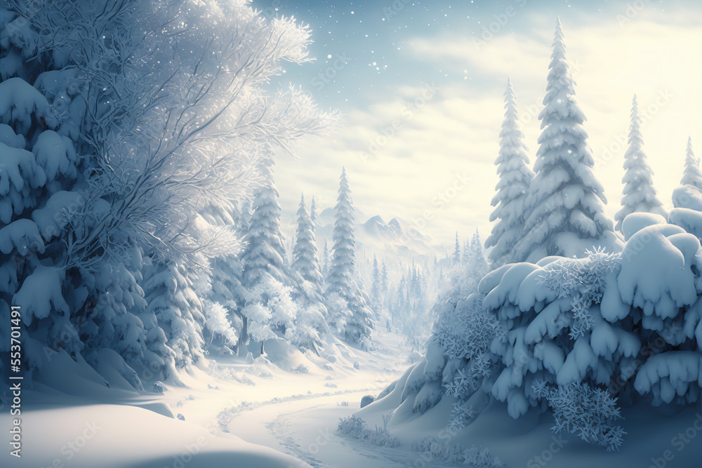 Beautiful magical winter wonderland landscape. Digital art Stock  Illustration
