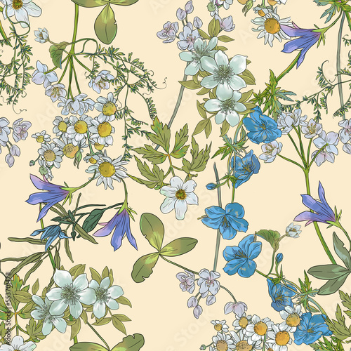 Seamless floral pattern with wildflowers, herbs and field daisies on a fawn beige background.