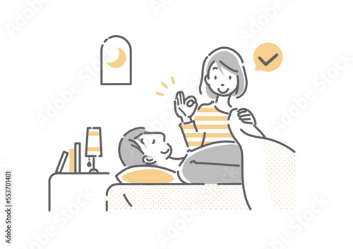 パートナーのいびき・歯ぎしりが治って満足な女性　シンプルでお洒落な線画イラスト