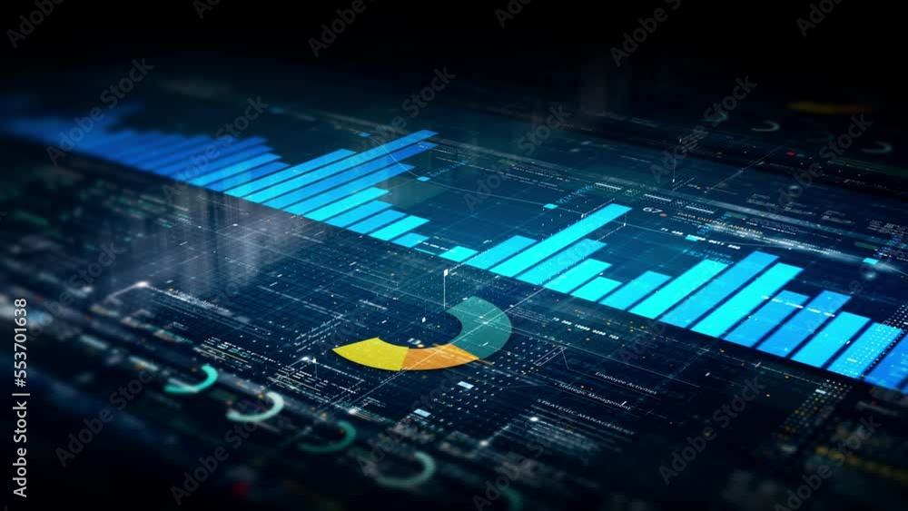 Business stock market, trading, info graphic with animated graphs, charts and data numbers insight analysis to be shown on monitor display screen for business meeting mock up theme