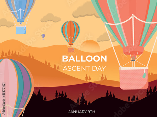 Hot air balloon ascent day. Vectorial image of different colored balloons over a sunset in orange tones.
