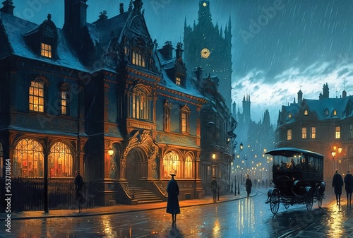 Old European city landscape, night city in the rain painting, historical cityscape, London street of 19th century