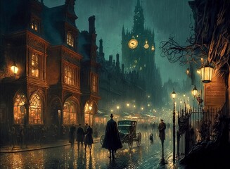 Glasbilder Sammlungen Old European city street landscape, historical cityscape, night city in the rain painting, dark town with glowing lights, London of 19th century  © BubertArt