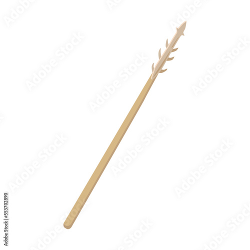 Serrated Spear. Ancient tool for prehistoric people. Vector illustration of stone, bone and wood weapon for hunting animal isolated on white