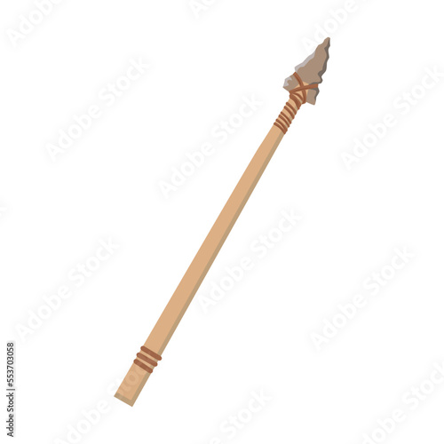 Spear with stone tip. Ancient tool for prehistoric people. Vector illustration of stone  bone and wood weapon for hunting animal isolated on white