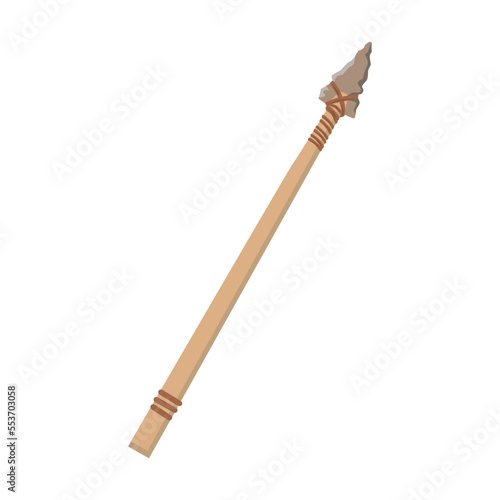 Spear with stone tip. Ancient tool for prehistoric people. Vector illustration of stone, bone and wood weapon for hunting animal isolated on white