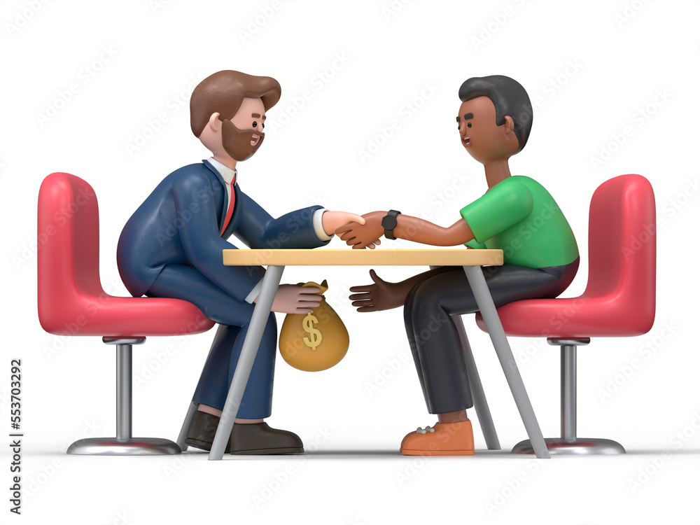 Obraz premium Under Table Money. 3D illustration of cartoon characters artwork depicts corruption, bribe, bribery, and dirty money.3D rendering on white background. 