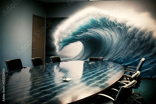 A large breaking ocean wave breaks across the boardroom table illustrating the concept of inevitable change arriving and sweeping along those in its path. Generative AI