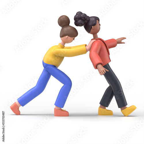 3D illustration of cartoon character pushes another person.3D rendering on white background. 