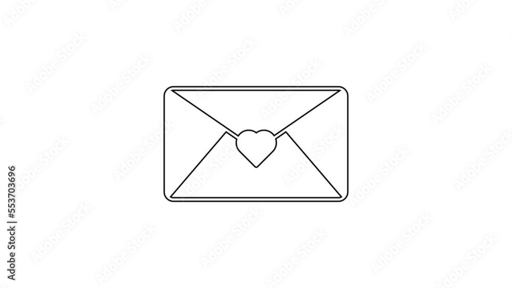 Black line Envelope with Valentine heart icon isolated on white background. Message love. Letter love and romance. 4K Video motion graphic animation Black line Envelope with Valentine heart icon isolated on white background. Message love. Letter love and romance. 4K Video motion graphic animation
