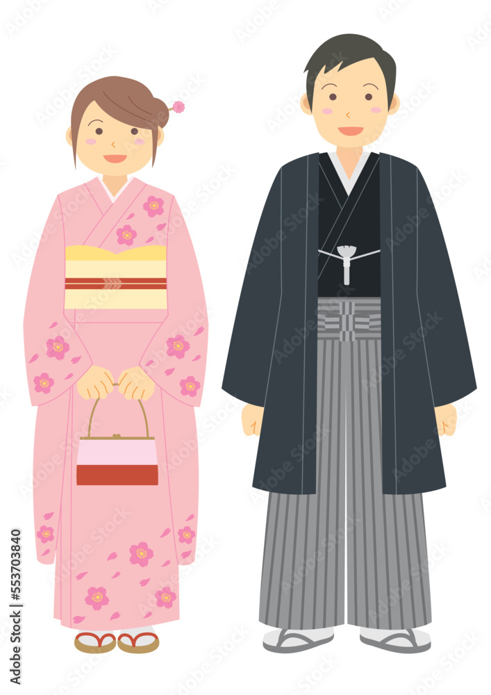 着物を着た女性と袴を着た男性のイラスト
