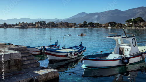 Small port with fishing boats in the center of Mondello  Palermo  Sicily