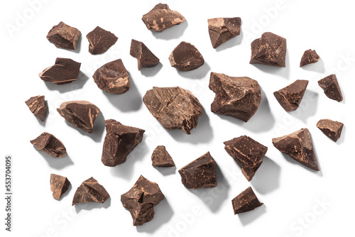 Broken chocolate pieces isolated, top view png