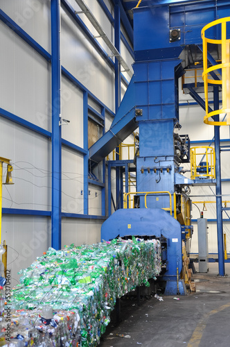 Baler in a waste sorting plant, Plastic bottle press hydraulic machine Waste sorting equipment machine, pressed plastic bottles, 