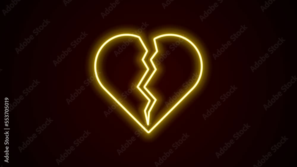 Glowing neon line Broken heart or divorce icon isolated on black background. Love symbol. Happy Valentines day. 4K Video motion graphic animation Glowing neon line Broken heart or divorce icon isolated on black background. Love symbol. Happy Valentines day. 4K Video motion graphic animation