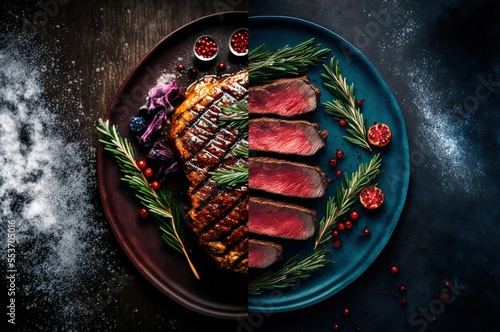 Delicious Christmas themed dinner table with roasted meat steak, appetizers and desserts. Top view. Holiday concept generative ai photo