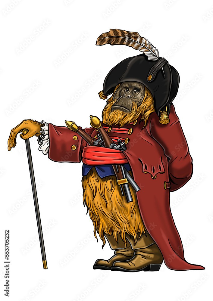 Orangutan with the pistols coloring page. Coloring book illustration. Monkey and apes pirates coloring sheet.