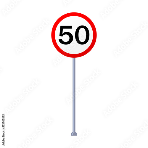 Speed limit road sign on metal post vector illustration. Blank destination sign isolated on white background