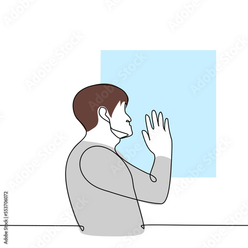 man pressed against the window - one line drawing vector. concept daydreaming, longing for freedom