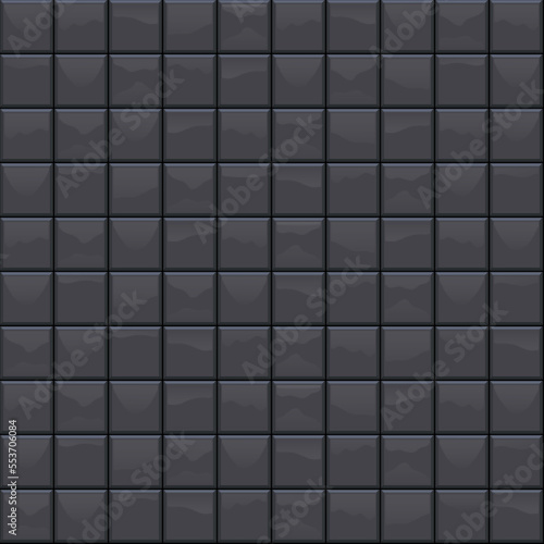 Black glossy ceramic square tiles seamless pattern. Home interior, bathroom and kitchen wall and floor texture. Vector dark shiny brick wall background