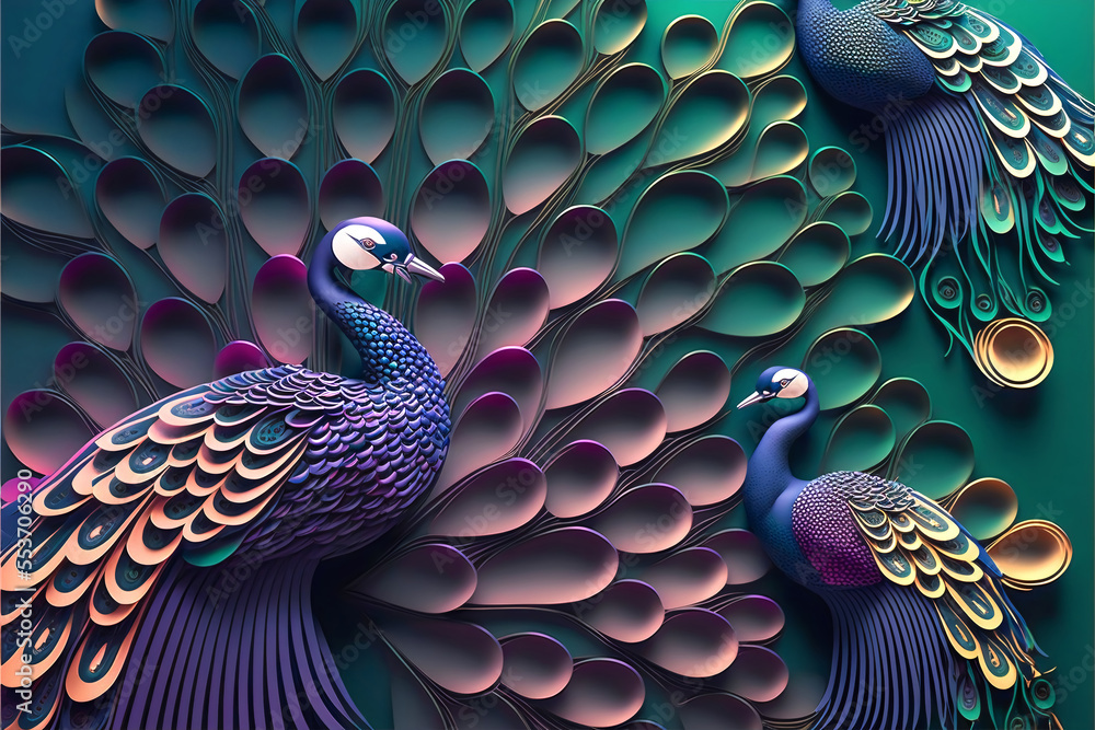 colorful peacock wallpaper. colorful mural background. Stock
