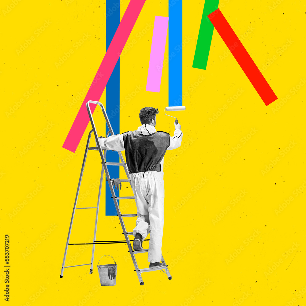 Fototapeta premium Contemporary art collage. Talented, creative man standing on ladder and making colorful paintings on yellow background