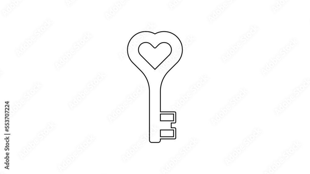 Black line Key in heart shape icon isolated on white background. Happy Valentines day. 4K Video motion graphic animation Black line Key in heart shape icon isolated on white background. Happy Valentines day. 4K Video motion graphic animation