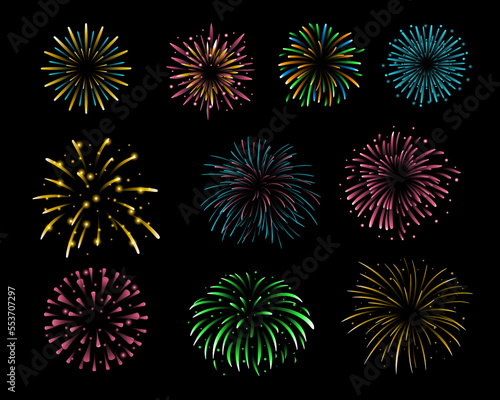 set of fireworks new year decoration or party, festive element vector collection