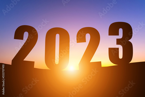 Happy New Year Numbers 2023, Silhouette the hill early morning sunrise over the horizon background, Happy new year concept.