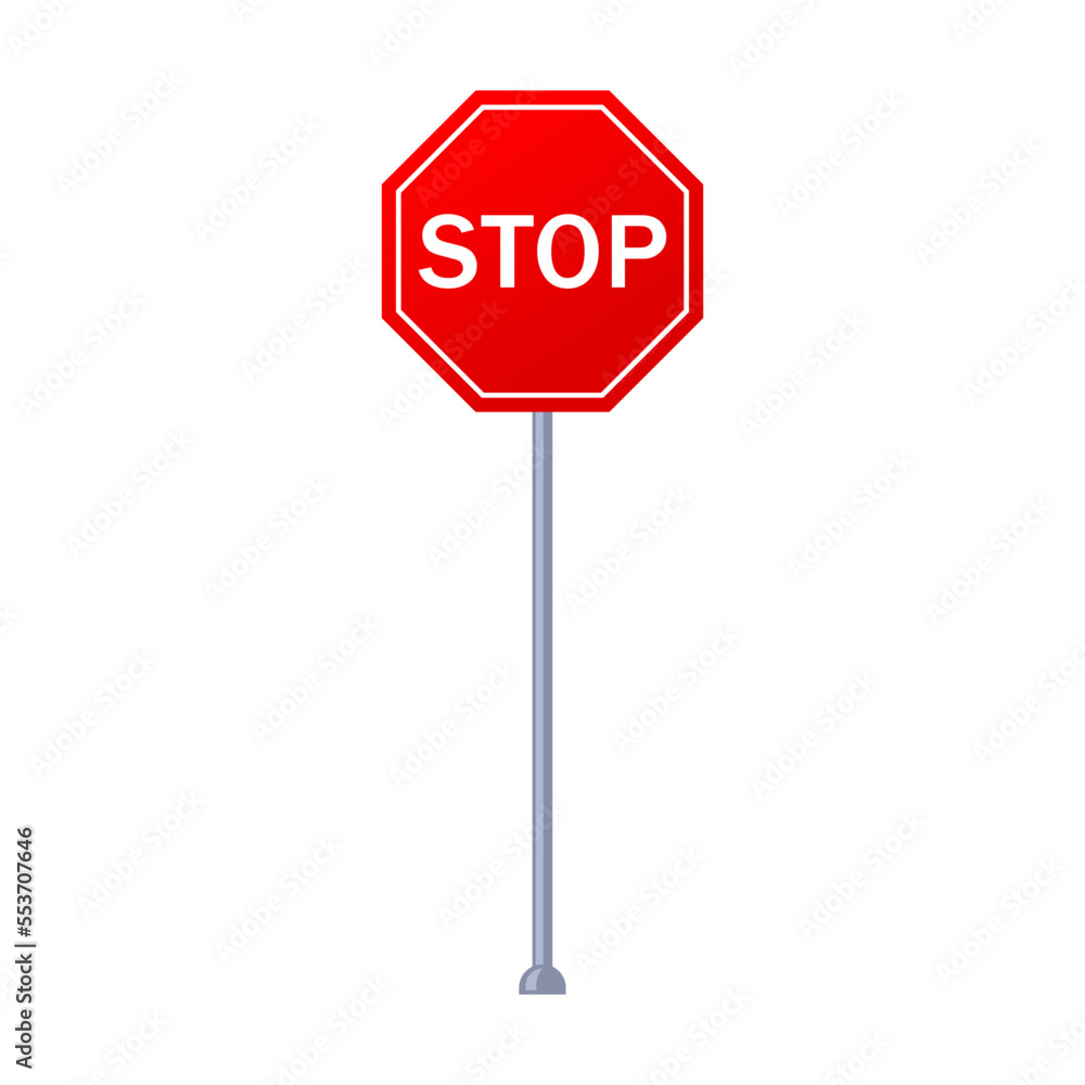 Highway mandatory stop road sign on metal post vector illustration. Blank destination sign isolated on white background Highway mandatory stop road sign on metal post vector illustration. Blank destination sign isolated on white background