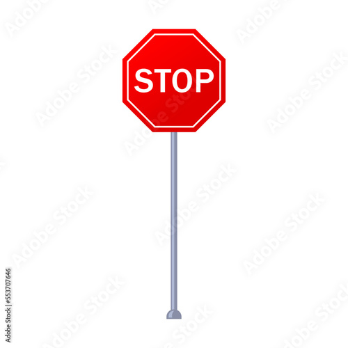 Highway mandatory stop road sign on metal post vector illustration. Blank destination sign isolated on white background