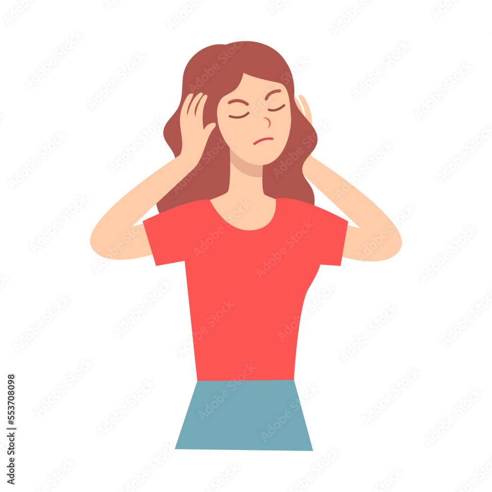 Woman tired of the noise. Different types of pain cartoon illustration. Girl feeling fatigue, hunger, thirst, dizziness isolated on white background