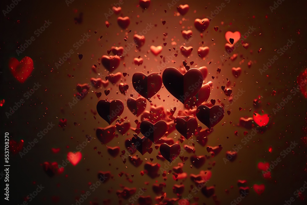 Red hearts floating, bokeh background. Valentines day wallpaper. Generative ai.