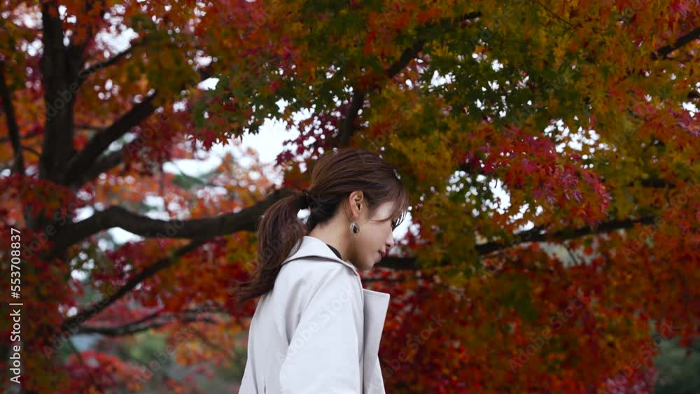 紅葉の日本庭園を散策する女性