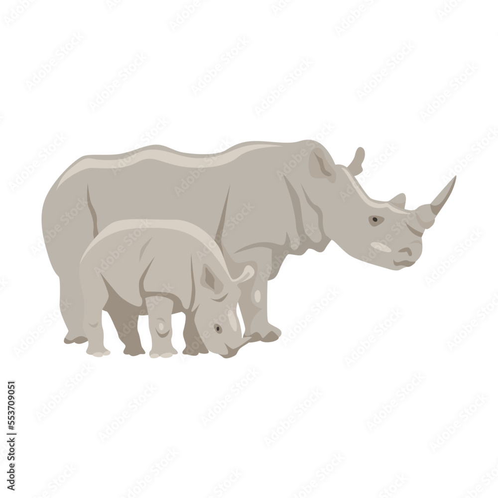 Fototapeta premium Rhinoceros with young animal cartoon illustration. Gray rhino character on white background. Animal, family, wildlife