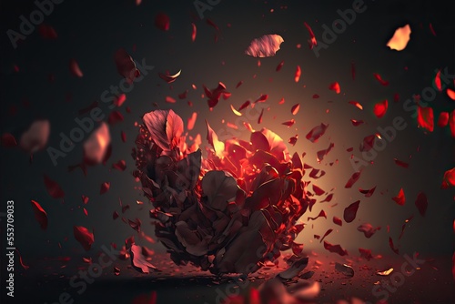 Redrose petals exploding, bokeh background. Valentines day wallpaper. Generative ai. photo