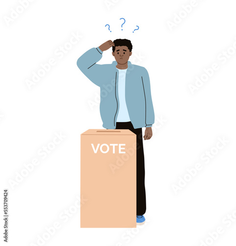 Confused man standing in front of ballot box deciding who vote for. Elections, campaign. Making choice. Ballot place. Flat vector illustration.