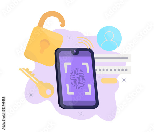 Biometric protection of smartphone. Fingerprint authorization log in. Cyber security concept. Personal mobile data protection. Flat vector illustration.