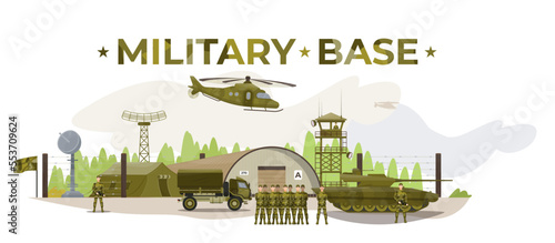 Military base with soldiers, helicopters, tanks, tents, storage buildings, trucks. Army training. Fighters. Military neutral uniform. Flat vector illustration. photo