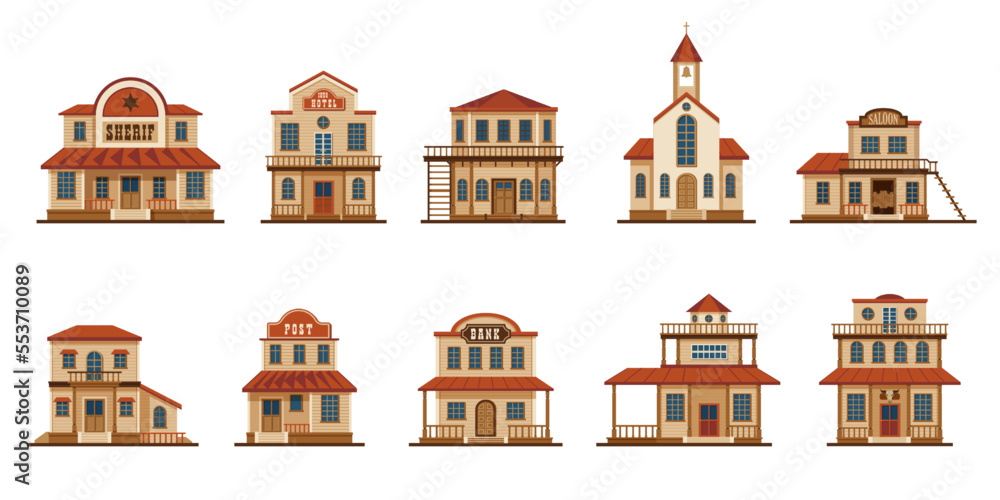 Wild west buildings. Cartoon western american traditional house facade collection, saloon bank bar church tavern exterior view. Vector isolated set