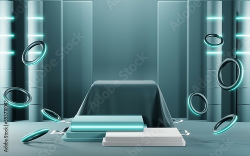 3D render of Podium background in blue tones for displaying cream products. cosmetics