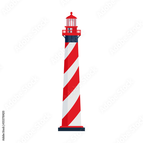 Striped lighthouse vector illustration. Cartoon drawing of seaside tower, nautical beacon isolated on blue background
