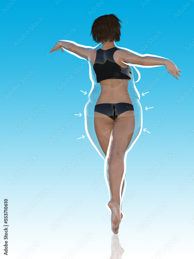 Conceptual fat overweight obese female vs slim fit healthy body after weight loss or diet with white outline and pointing arrows on blue. A fitness, nutrition or obesity, health shape 3D illustration Conceptual fat overweight obese female vs slim fit healthy body after weight loss or diet with white outline and pointing arrows on blue. A fitness, nutrition or obesity, health shape 3D illustration