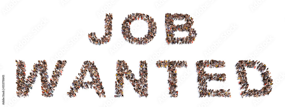 Conceptual large community of people forming JOB WANTED message. 3d illustration metaphor for work, human resources, employment, recruitment, career, opportunity, team, management and professional Conceptual large community of people forming JOB WANTED message. 3d illustration metaphor for work, human resources, employment, recruitment, career, opportunity, team, management and professional