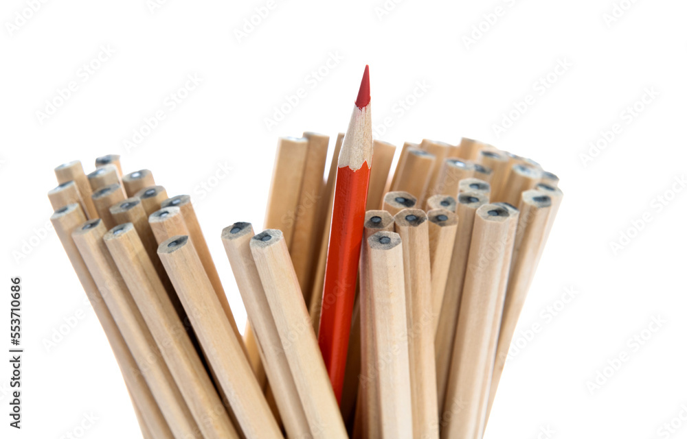 One orange pencil standing out from the brown pencils One orange pencil standing out from the brown pencils