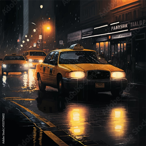 Yellow taxi in a busy street at a dark rainy night